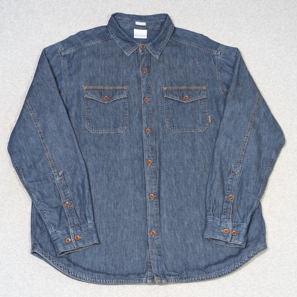 Columbia Denim Button Up Shirt Mens Size Large Flannel Lined Shacket Regular Fit